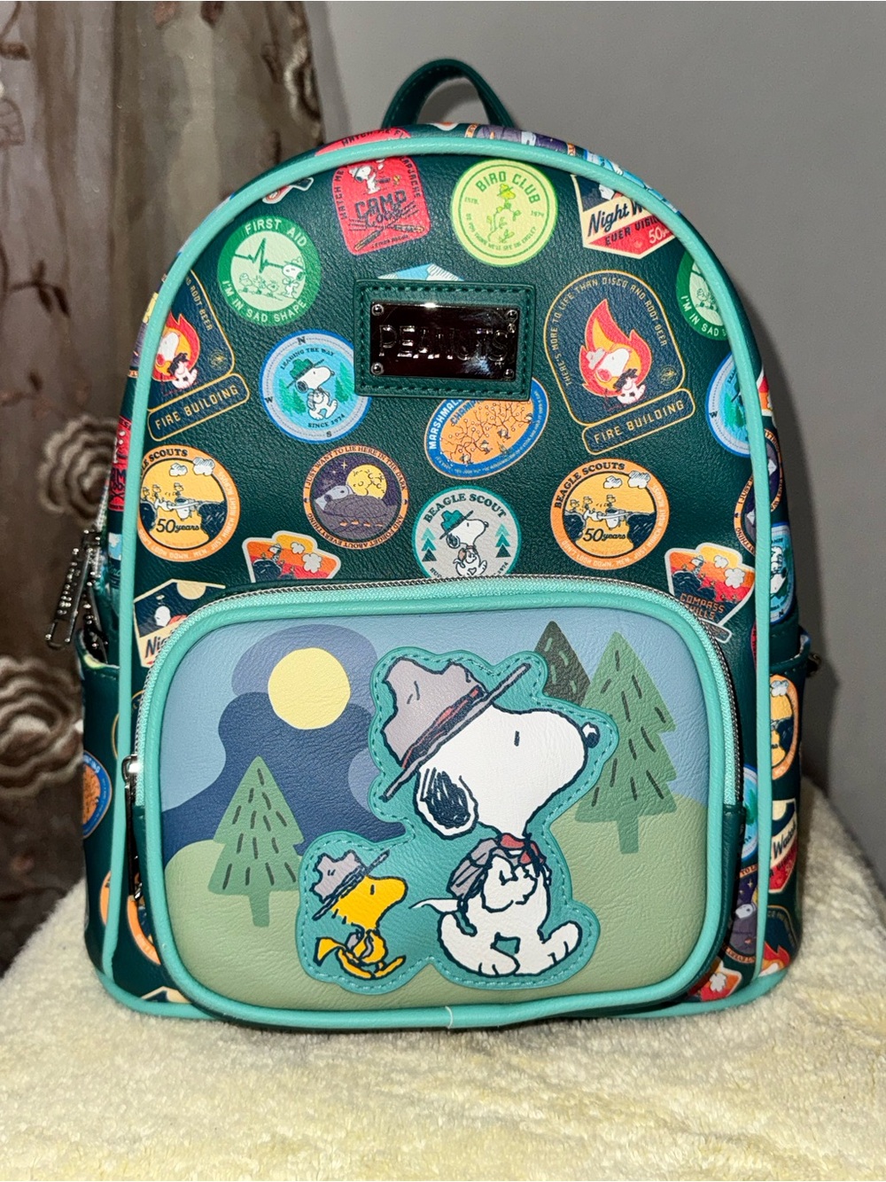 Peanuts Kids Teal & Green Snoopy Adventure Patch Backpack